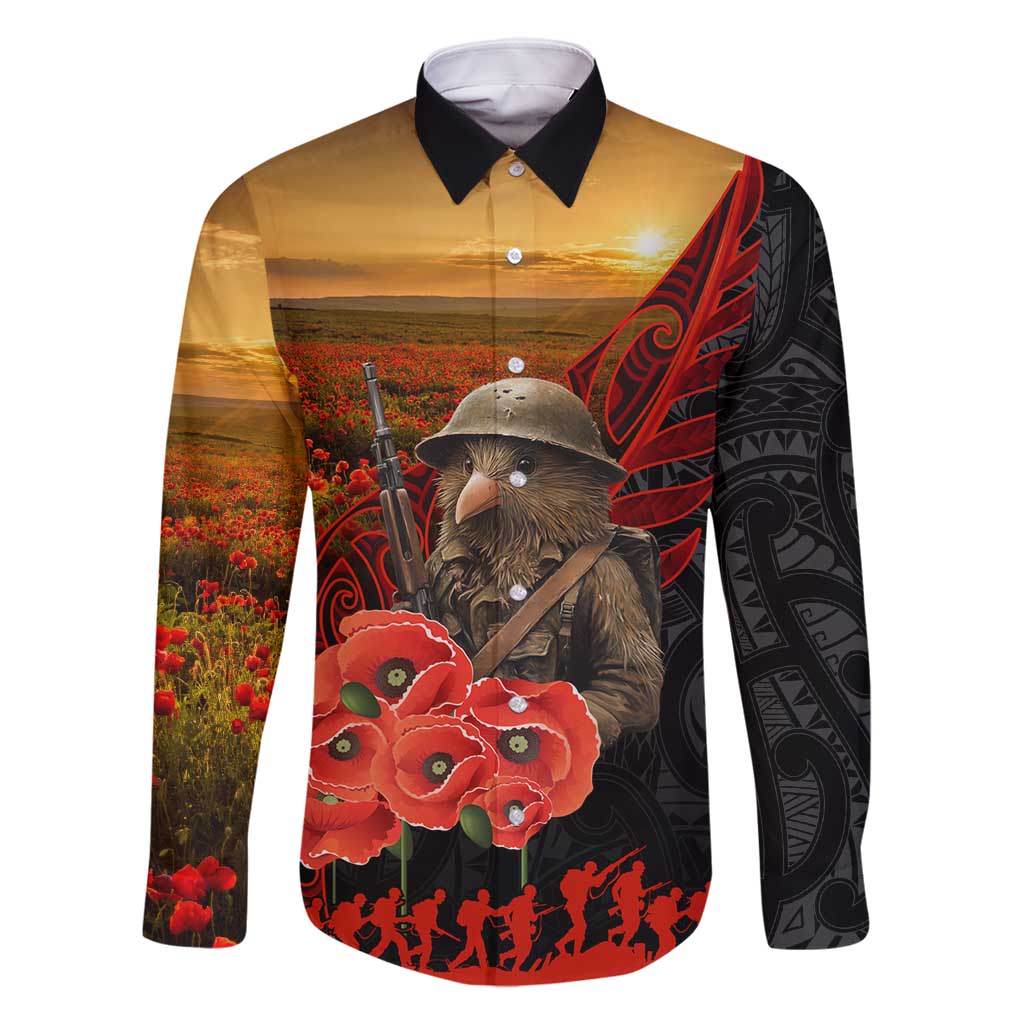 Maori Kiwi Soldier Fern Tattoo ANZAC Day Family Matching Off Shoulder Short Dress and Hawaiian Shirt Lest We Forget LT9 Dad's Shirt - Long Sleeve Black - Polynesian Pride