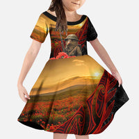 Maori Kiwi Soldier Fern Tattoo ANZAC Day Family Matching Short Sleeve Bodycon Dress and Hawaiian Shirt Lest We Forget LT9 Daughter's Dress Black - Polynesian Pride