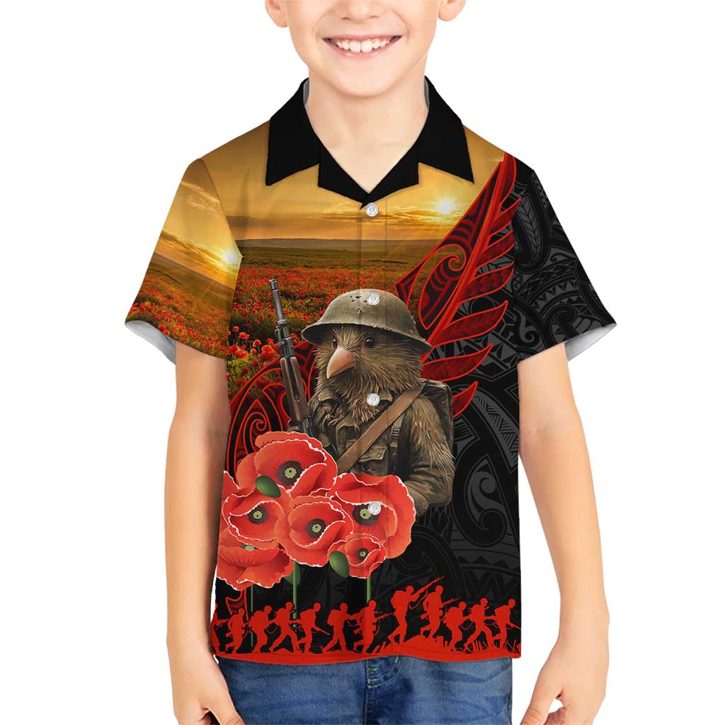 Maori Kiwi Soldier Fern Tattoo ANZAC Day Family Matching Summer Maxi Dress and Hawaiian Shirt Lest We Forget LT9 Son's Shirt Black - Polynesian Pride