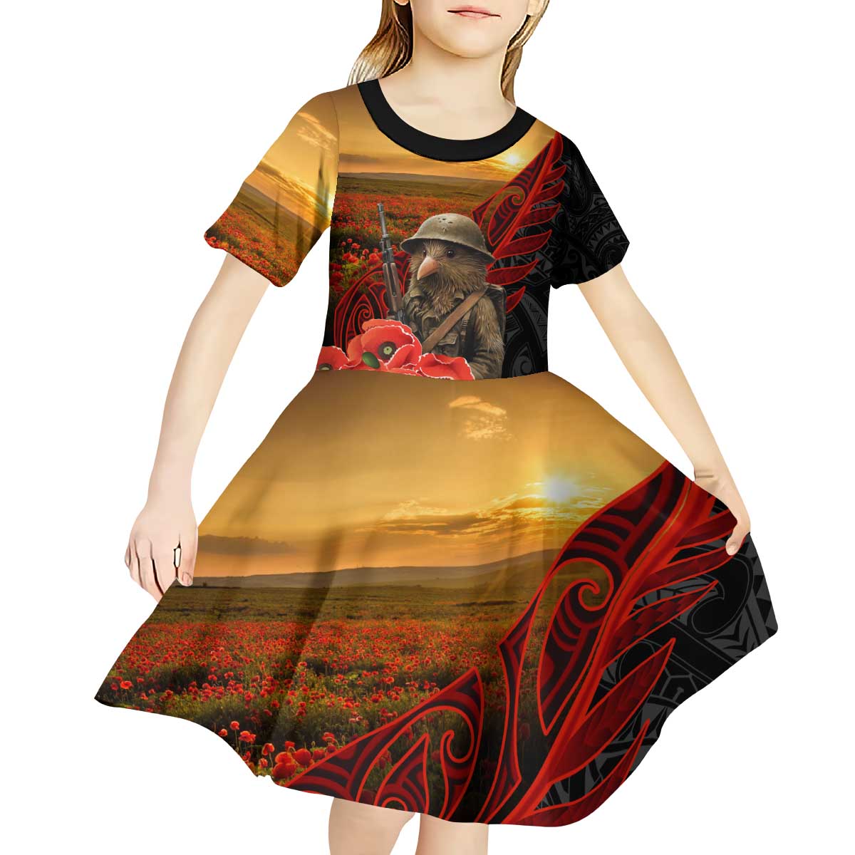 Maori Kiwi Soldier Fern Tattoo ANZAC Day Kid Short Sleeve Dress Lest We Forget
