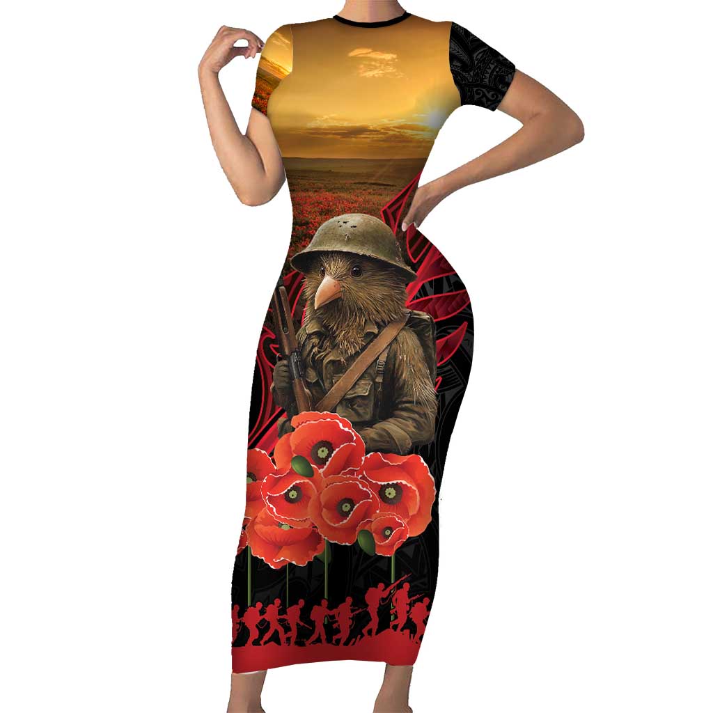 Maori Kiwi Soldier Fern Tattoo ANZAC Day Short Sleeve Bodycon Dress Lest We Forget