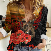 Maori Kiwi Soldier Fern Tattoo ANZAC Day Women Casual Shirt Lest We Forget LT9 Female Black - Polynesian Pride
