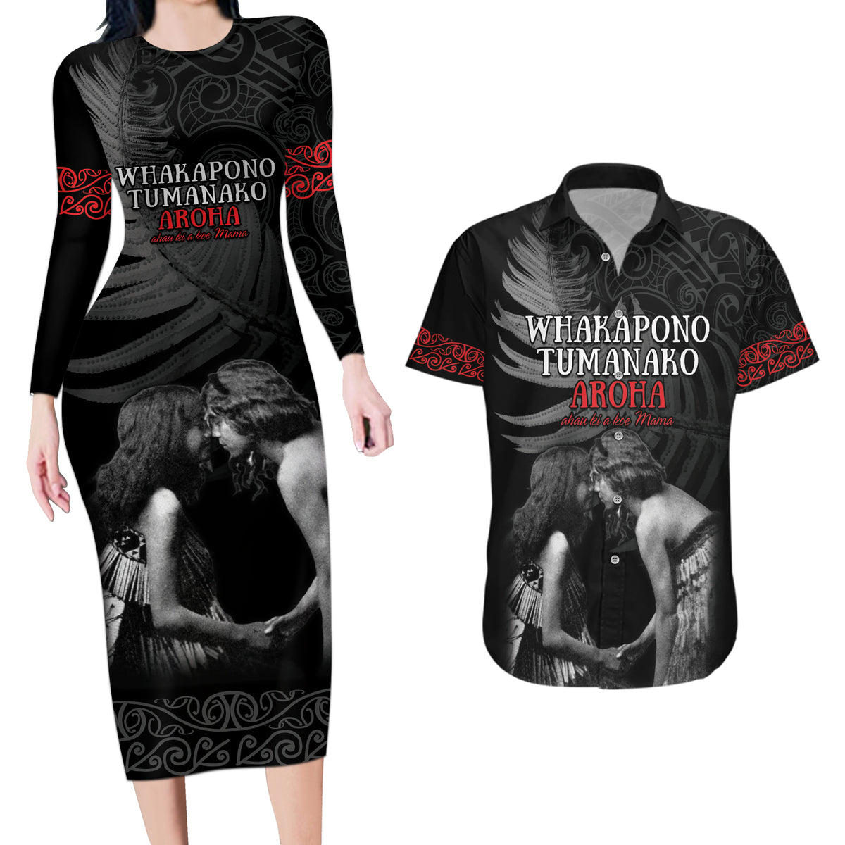 New Zealand Mother's Day Couples Matching Long Sleeve Bodycon Dress and Hawaiian Shirt Maori Hongi Aroha Ahau Ki A Koe Mama LT9 Black - Polynesian Pride