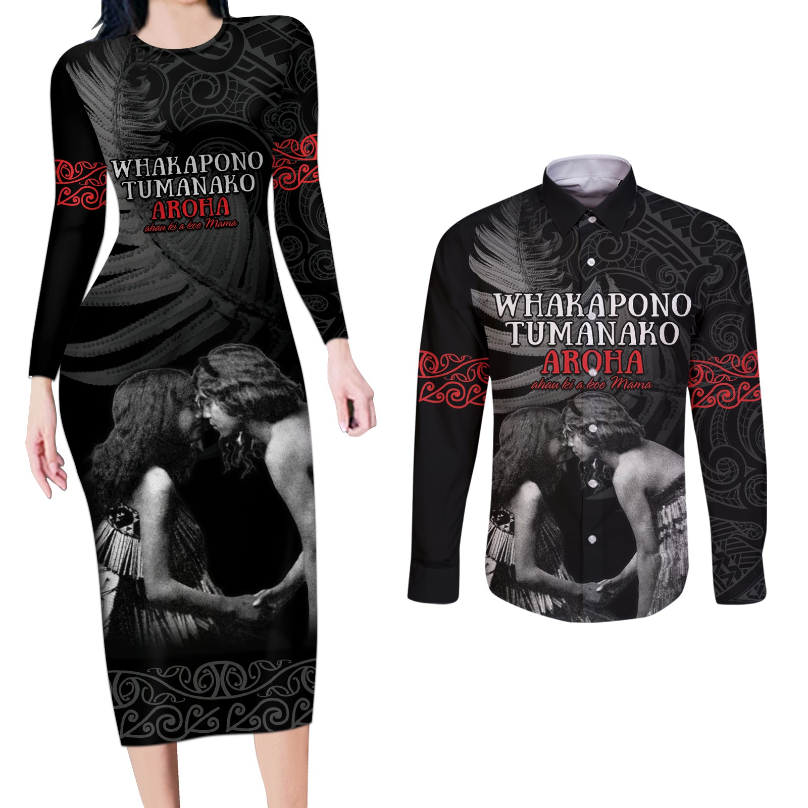 New Zealand Mother's Day Couples Matching Long Sleeve Bodycon Dress and Long Sleeve Button Shirt Maori Hongi Aroha Ahau Ki A Koe Mama