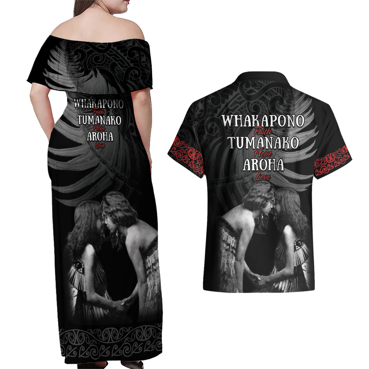 New Zealand Mother's Day Couples Matching Off Shoulder Maxi Dress and Hawaiian Shirt Maori Hongi Aroha Ahau Ki A Koe Mama LT9 - Polynesian Pride