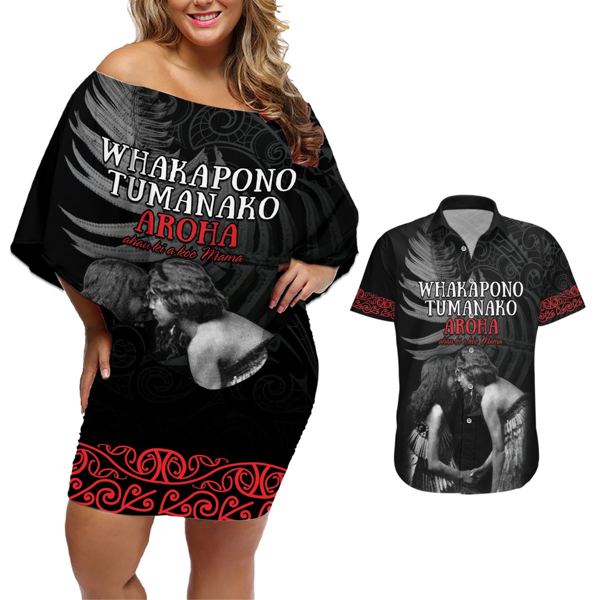 New Zealand Mother's Day Couples Matching Off Shoulder Short Dress and Hawaiian Shirt Maori Hongi Aroha Ahau Ki A Koe Mama
