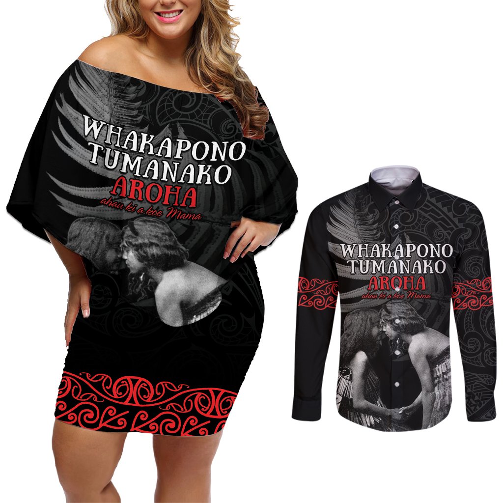 New Zealand Mother's Day Couples Matching Off Shoulder Short Dress and Long Sleeve Button Shirt Maori Hongi Aroha Ahau Ki A Koe Mama
