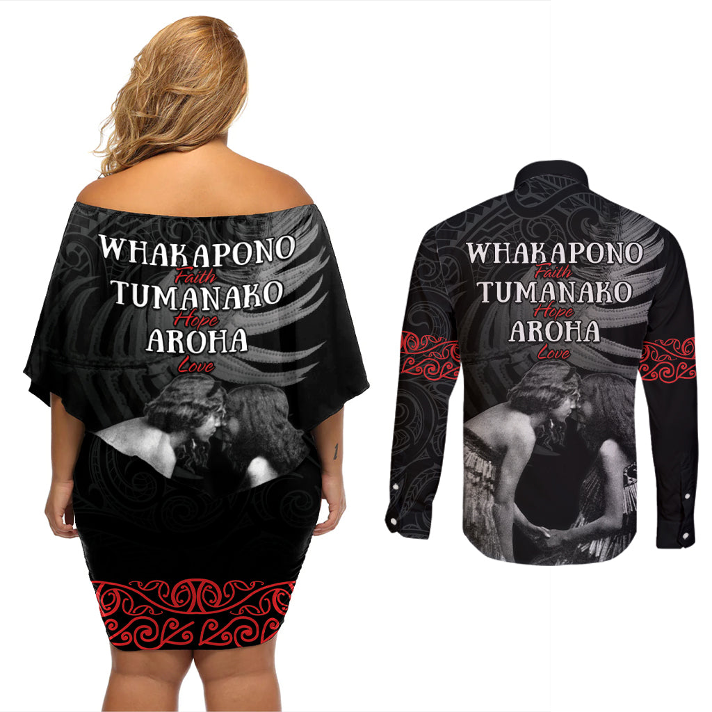 New Zealand Mother's Day Couples Matching Off Shoulder Short Dress and Long Sleeve Button Shirt Maori Hongi Aroha Ahau Ki A Koe Mama LT9 - Polynesian Pride