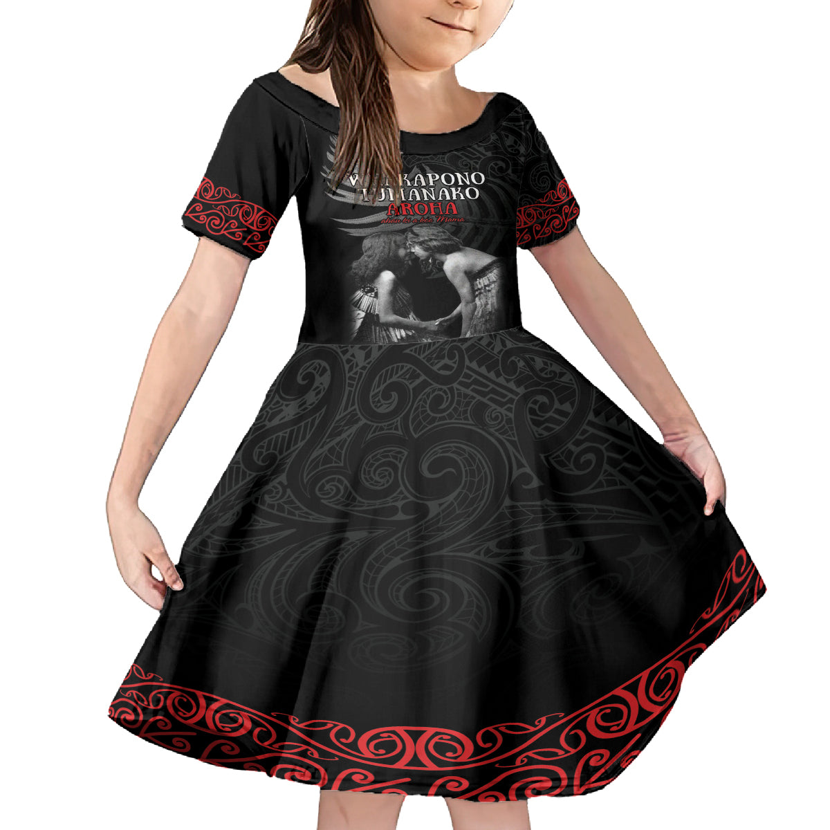 New Zealand Mother's Day Family Matching Long Sleeve Bodycon Dress and Hawaiian Shirt Maori Hongi Aroha Ahau Ki A Koe Mama LT9 Daughter's Dress Black - Polynesian Pride