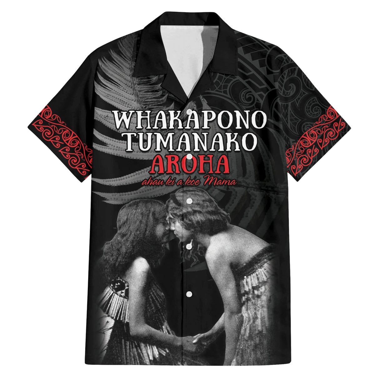 New Zealand Mother's Day Family Matching Mermaid Dress and Hawaiian Shirt Maori Hongi Aroha Ahau Ki A Koe Mama LT9 Dad's Shirt - Short Sleeve Black - Polynesian Pride