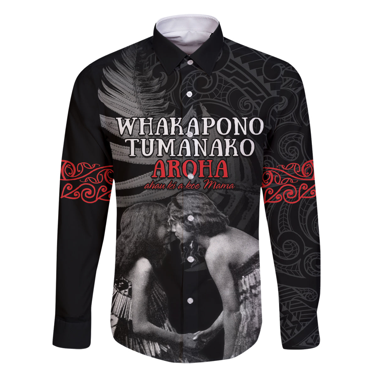 New Zealand Mother's Day Family Matching Mermaid Dress and Hawaiian Shirt Maori Hongi Aroha Ahau Ki A Koe Mama LT9 Dad's Shirt - Long Sleeve Black - Polynesian Pride