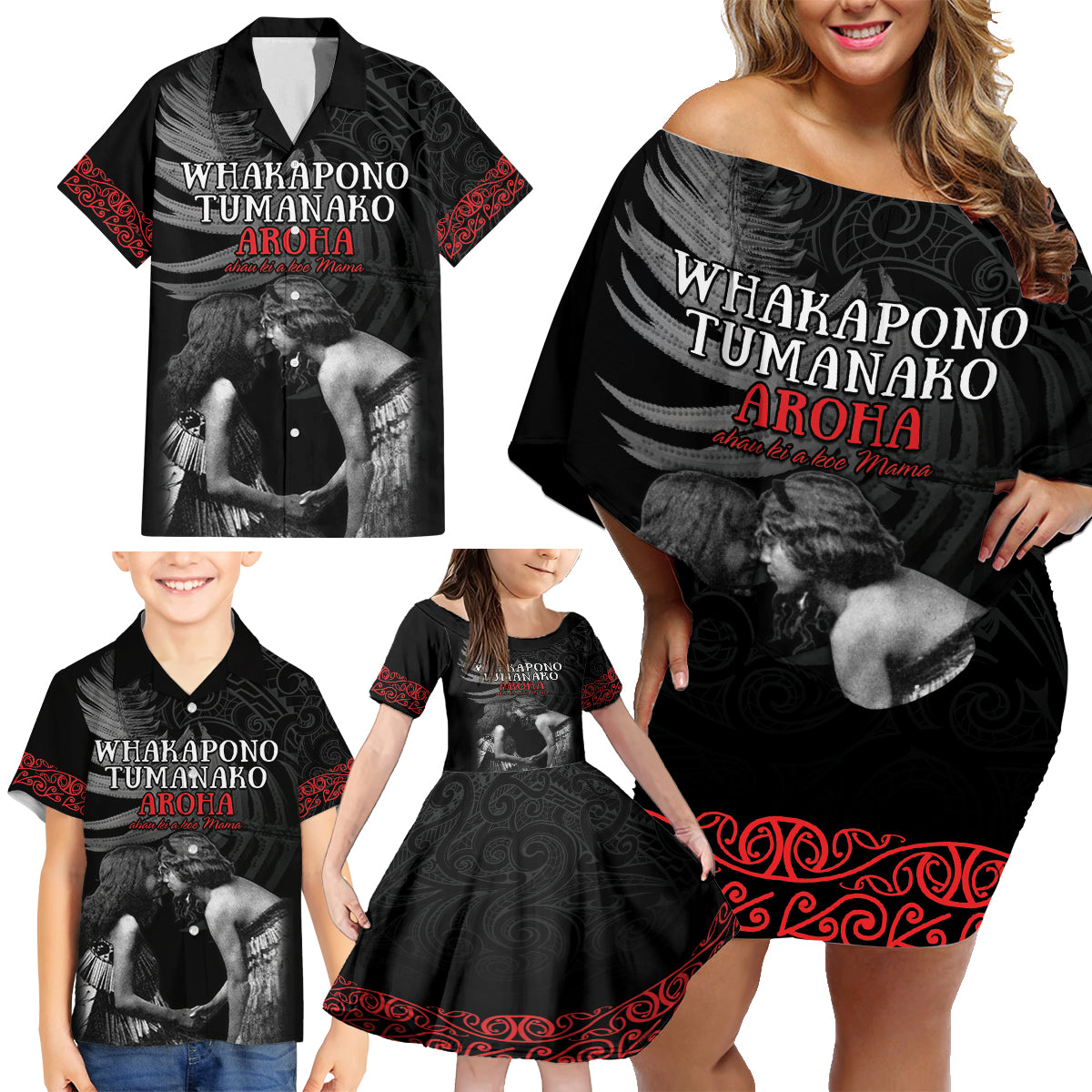 New Zealand Mother's Day Family Matching Off Shoulder Short Dress and Hawaiian Shirt Maori Hongi Aroha Ahau Ki A Koe Mama LT9 - Polynesian Pride