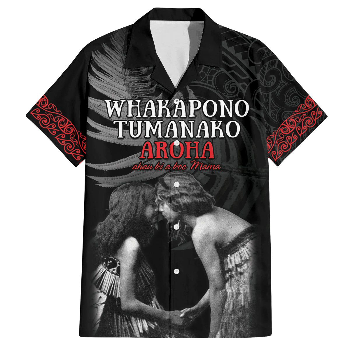 New Zealand Mother's Day Family Matching Puletasi and Hawaiian Shirt Maori Hongi Aroha Ahau Ki A Koe Mama LT9 Dad's Shirt - Short Sleeve Black - Polynesian Pride