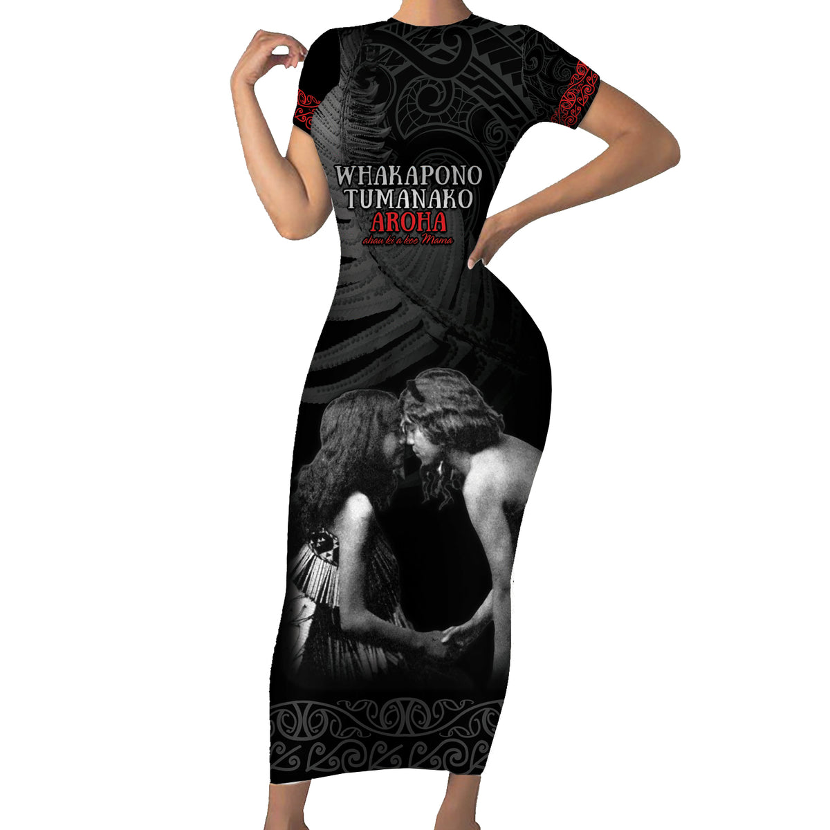 New Zealand Mother's Day Short Sleeve Bodycon Dress Maori Hongi Aroha Ahau Ki A Koe Mama LT9 Long Dress Black - Polynesian Pride