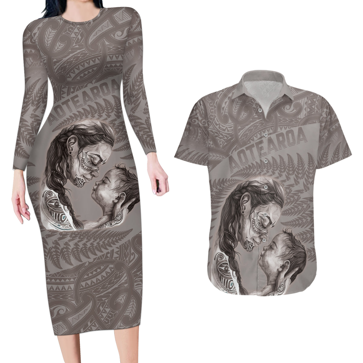 New Zealand Mother's Day Couples Matching Long Sleeve Bodycon Dress and Hawaiian Shirt Maori Mo Toku Mama Silver Fern LT9 Nude - Polynesian Pride