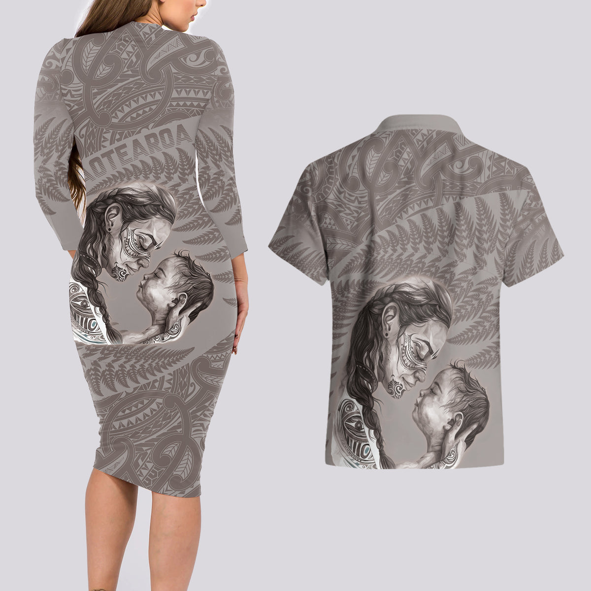New Zealand Mother's Day Couples Matching Long Sleeve Bodycon Dress and Hawaiian Shirt Maori Mo Toku Mama Silver Fern LT9 - Polynesian Pride