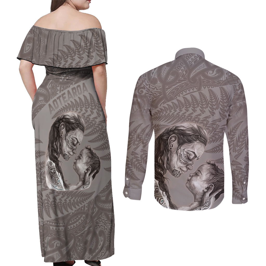 New Zealand Mother's Day Couples Matching Off Shoulder Maxi Dress and Long Sleeve Button Shirt Maori Mo Toku Mama Silver Fern LT9 - Polynesian Pride