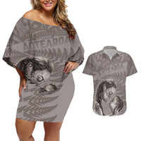 New Zealand Mother's Day Couples Matching Off Shoulder Short Dress and Hawaiian Shirt Maori Mo Toku Mama Silver Fern LT9 Nude - Polynesian Pride