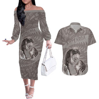 New Zealand Mother's Day Couples Matching Off The Shoulder Long Sleeve Dress and Hawaiian Shirt Maori Mo Toku Mama Silver Fern LT9 Nude - Polynesian Pride