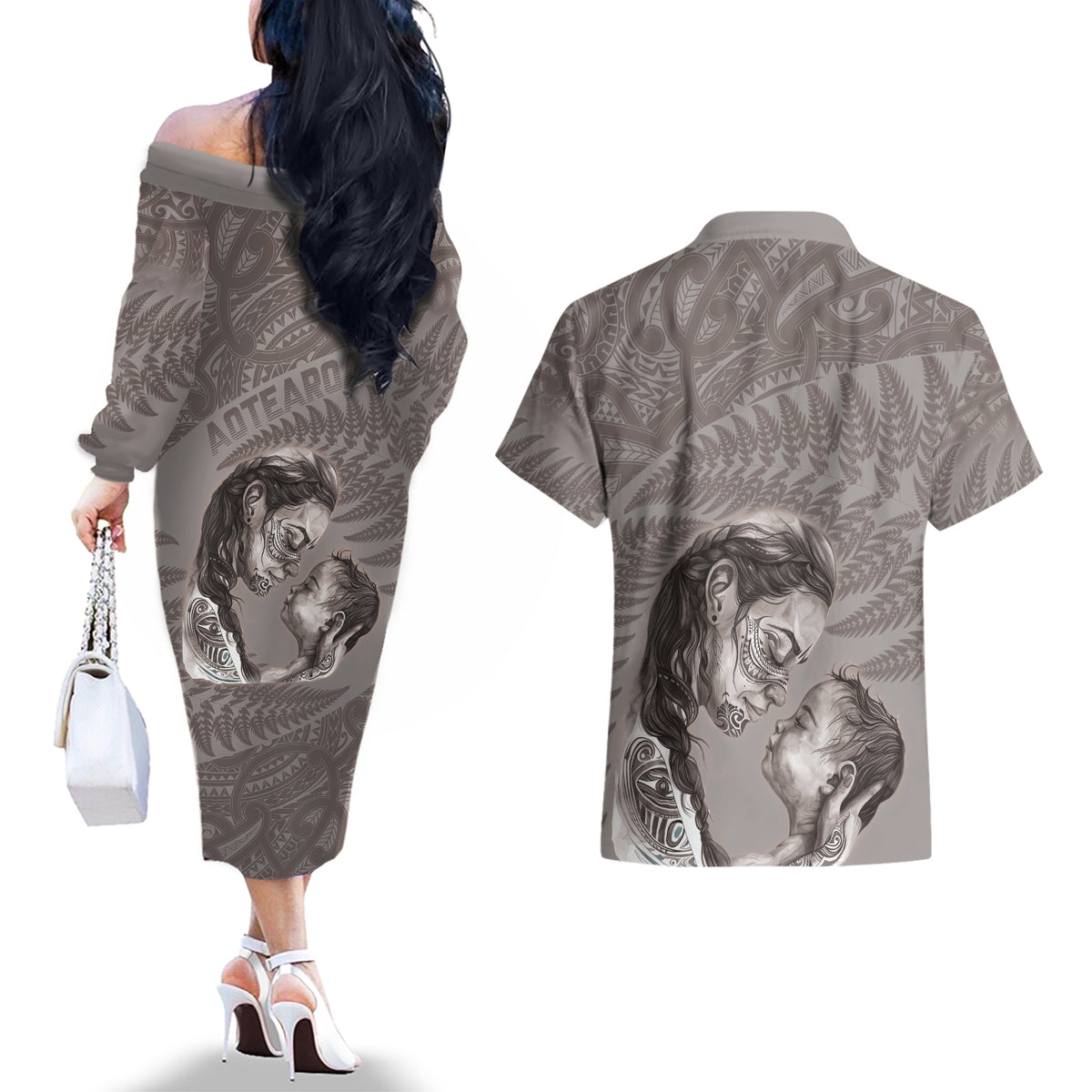 New Zealand Mother's Day Couples Matching Off The Shoulder Long Sleeve Dress and Hawaiian Shirt Maori Mo Toku Mama Silver Fern LT9 - Polynesian Pride