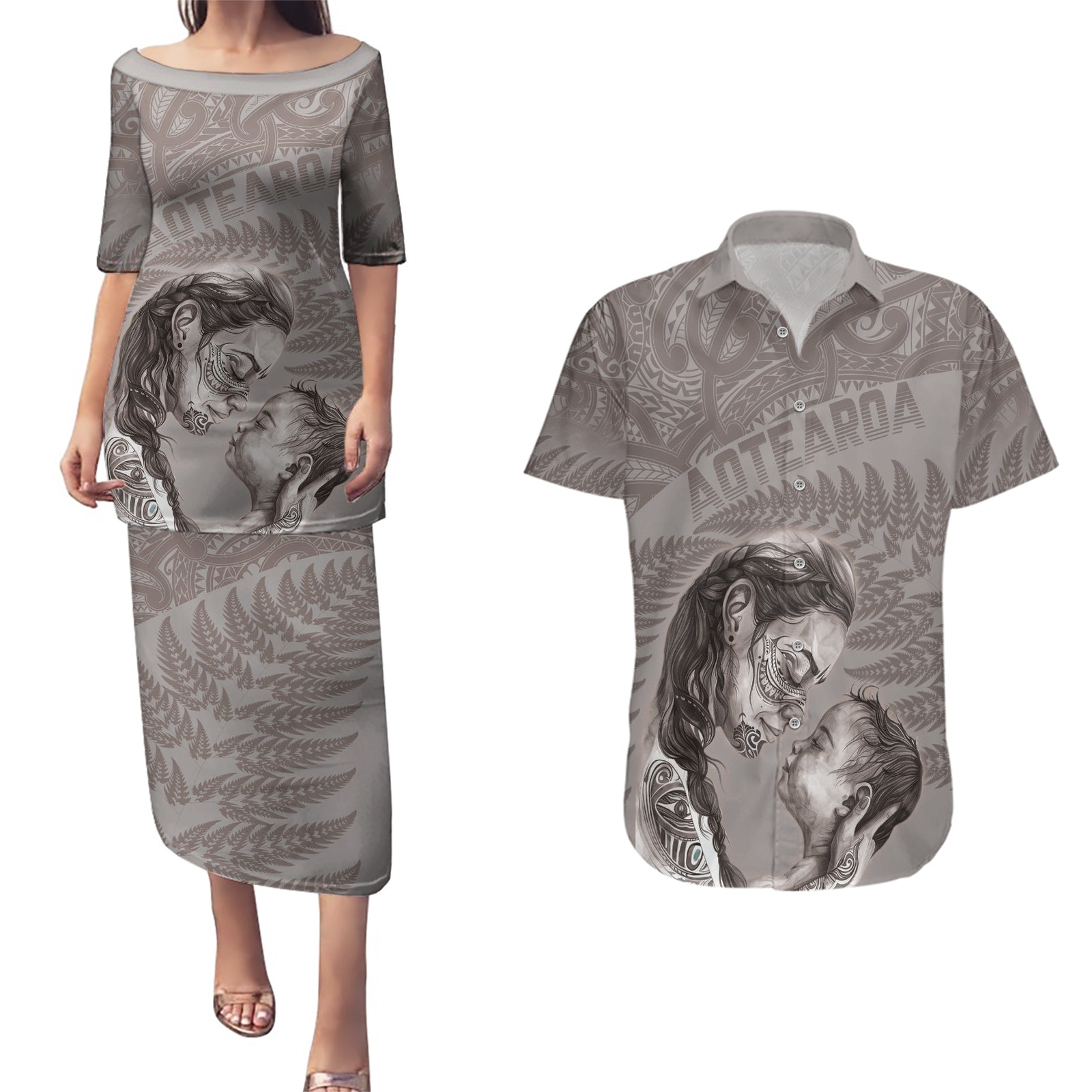 New Zealand Mother's Day Couples Matching Puletasi and Hawaiian Shirt Maori Mo Toku Mama Silver Fern