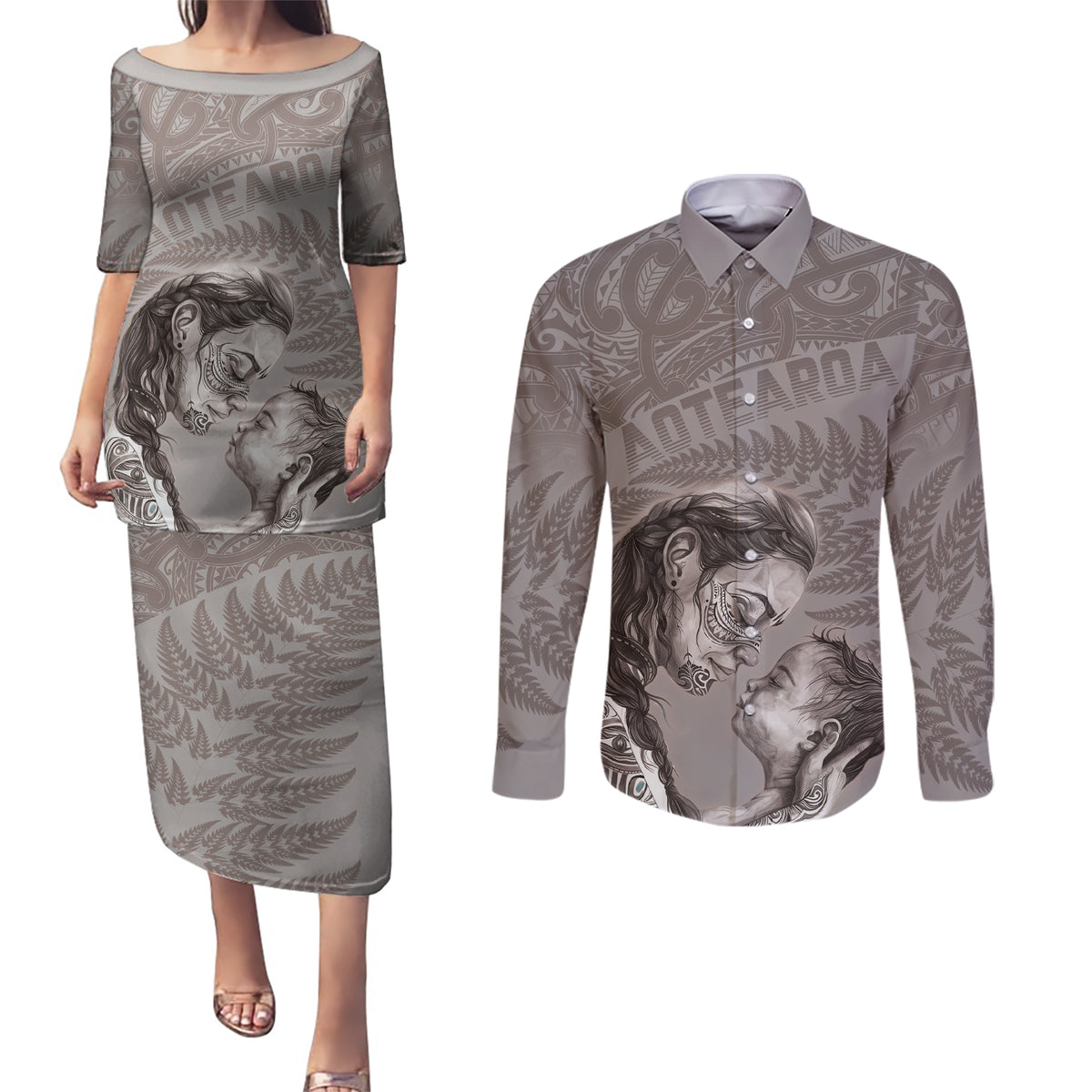 New Zealand Mother's Day Couples Matching Puletasi and Long Sleeve Button Shirt Maori Mo Toku Mama Silver Fern LT9 Nude - Polynesian Pride