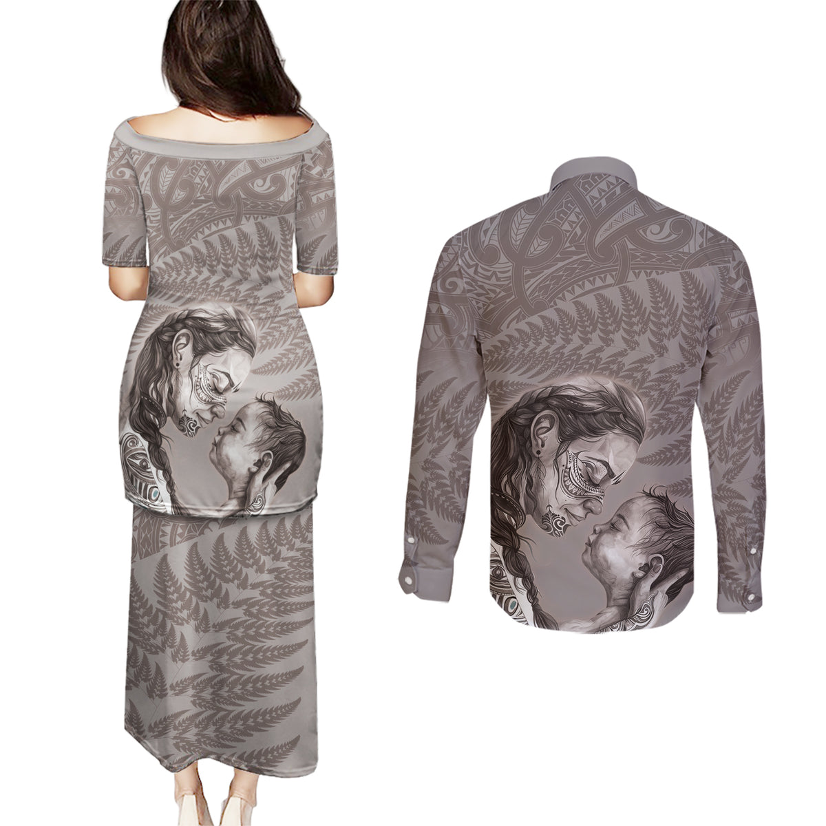 New Zealand Mother's Day Couples Matching Puletasi and Long Sleeve Button Shirt Maori Mo Toku Mama Silver Fern LT9 - Polynesian Pride