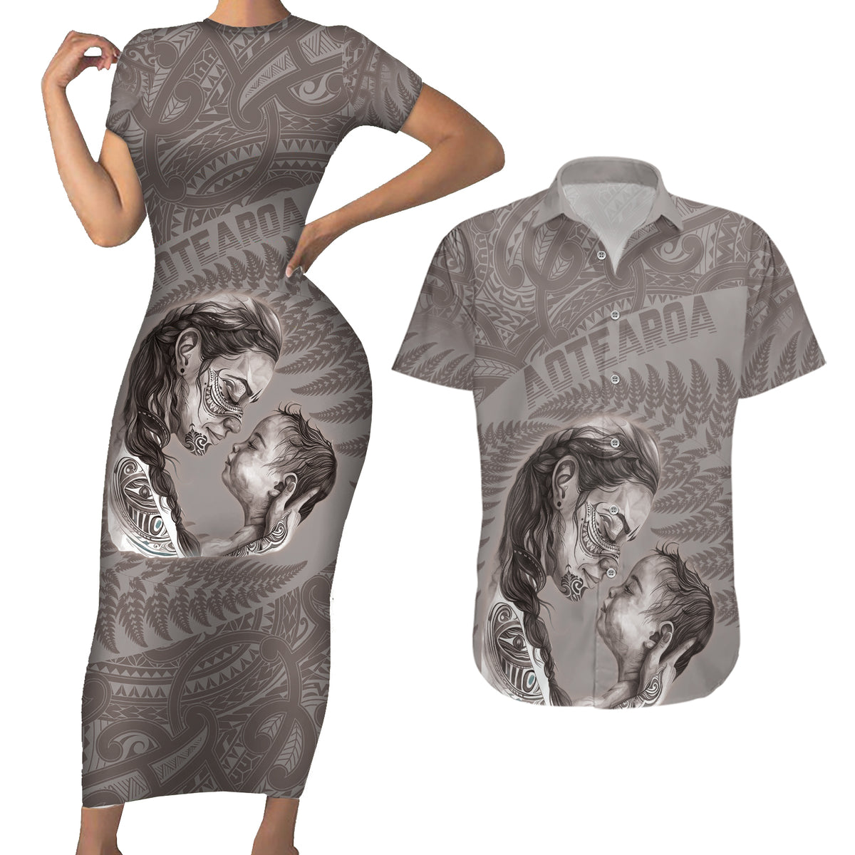 New Zealand Mother's Day Couples Matching Short Sleeve Bodycon Dress and Hawaiian Shirt Maori Mo Toku Mama Silver Fern LT9 Nude - Polynesian Pride