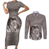 New Zealand Mother's Day Couples Matching Short Sleeve Bodycon Dress and Long Sleeve Button Shirt Maori Mo Toku Mama Silver Fern LT9 Nude - Polynesian Pride