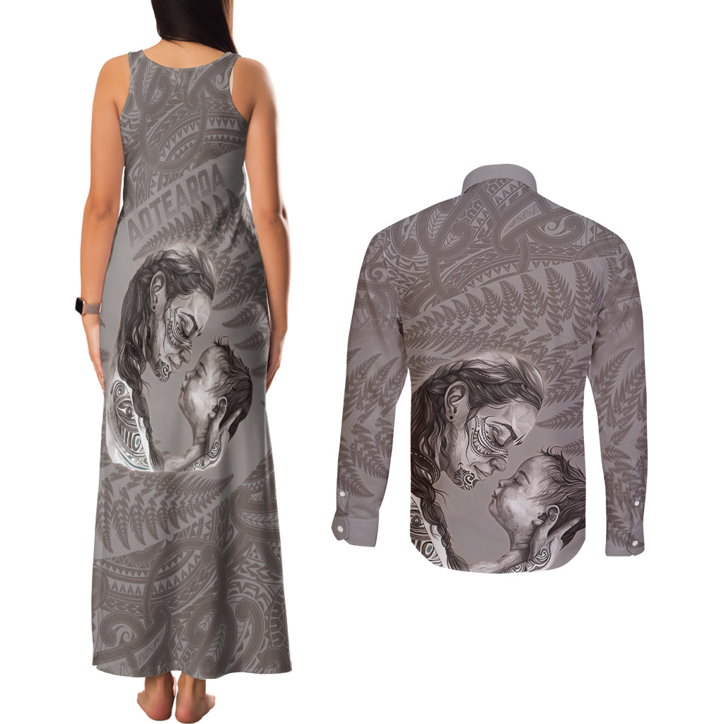 New Zealand Mother's Day Couples Matching Tank Maxi Dress and Long Sleeve Button Shirt Maori Mo Toku Mama Silver Fern LT9 - Polynesian Pride