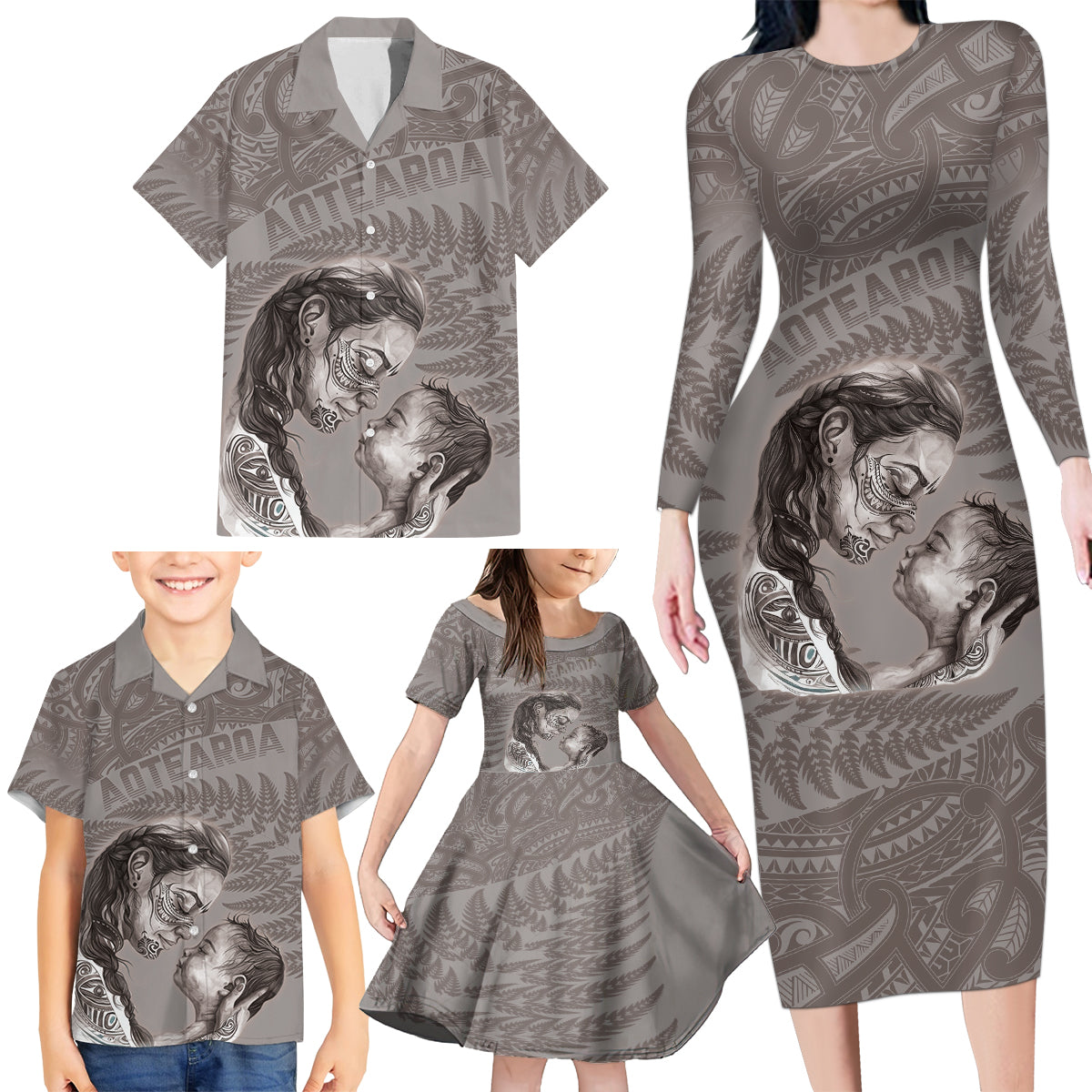 New Zealand Mother's Day Family Matching Long Sleeve Bodycon Dress and Hawaiian Shirt Maori Mo Toku Mama Silver Fern LT9 - Polynesian Pride