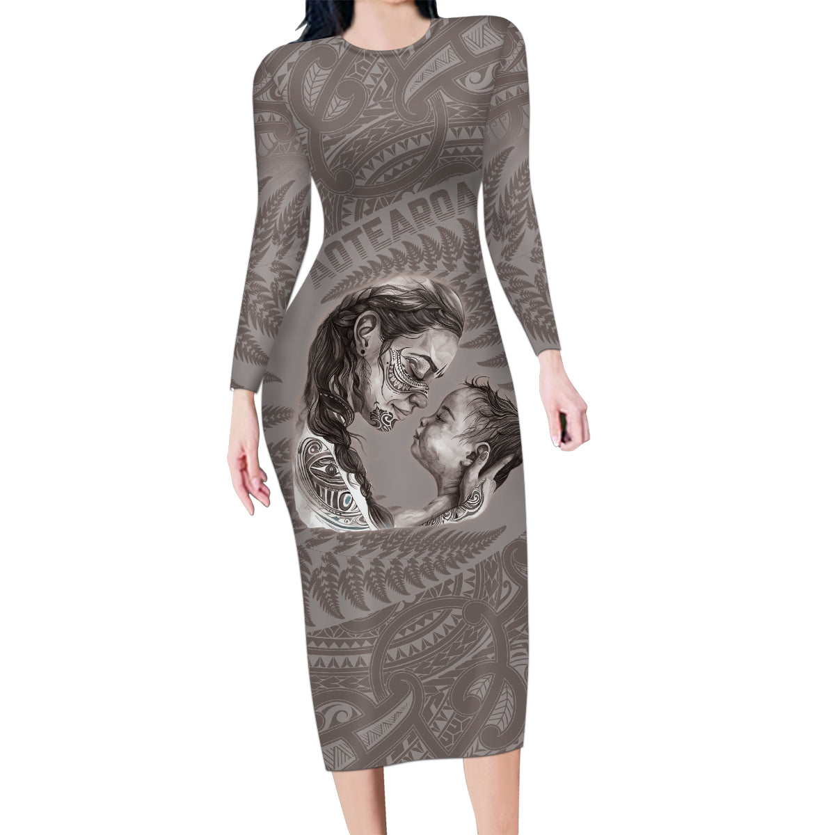 New Zealand Mother's Day Family Matching Long Sleeve Bodycon Dress and Hawaiian Shirt Maori Mo Toku Mama Silver Fern LT9 Mom's Dress Nude - Polynesian Pride