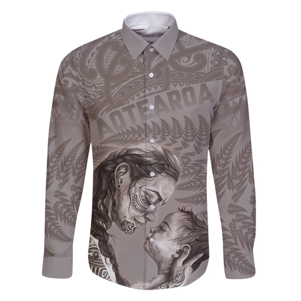 New Zealand Mother's Day Family Matching Mermaid Dress and Hawaiian Shirt Maori Mo Toku Mama Silver Fern LT9 Dad's Shirt - Long Sleeve Nude - Polynesian Pride