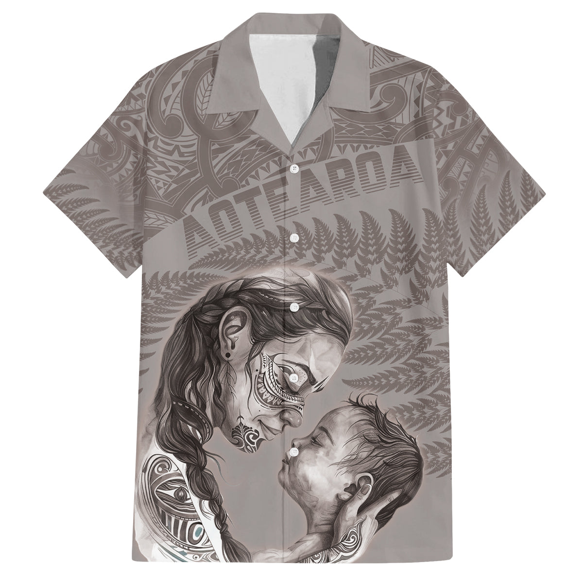 New Zealand Mother's Day Family Matching Off The Shoulder Long Sleeve Dress and Hawaiian Shirt Maori Mo Toku Mama Silver Fern LT9 Dad's Shirt - Short Sleeve Nude - Polynesian Pride