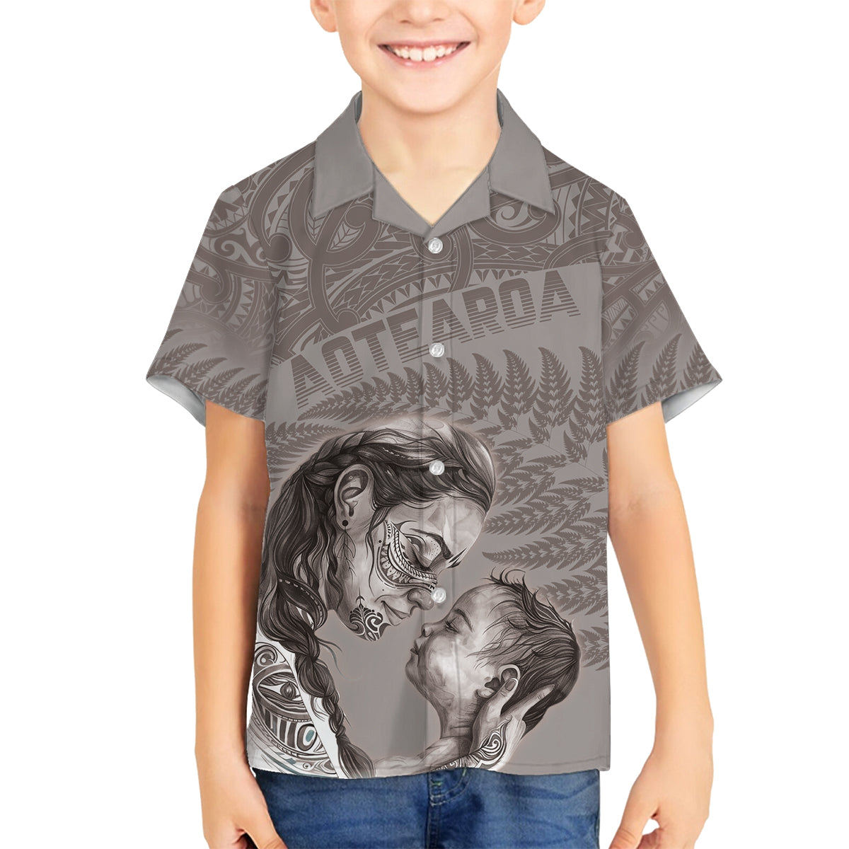 New Zealand Mother's Day Family Matching Puletasi and Hawaiian Shirt Maori Mo Toku Mama Silver Fern LT9 Son's Shirt Nude - Polynesian Pride