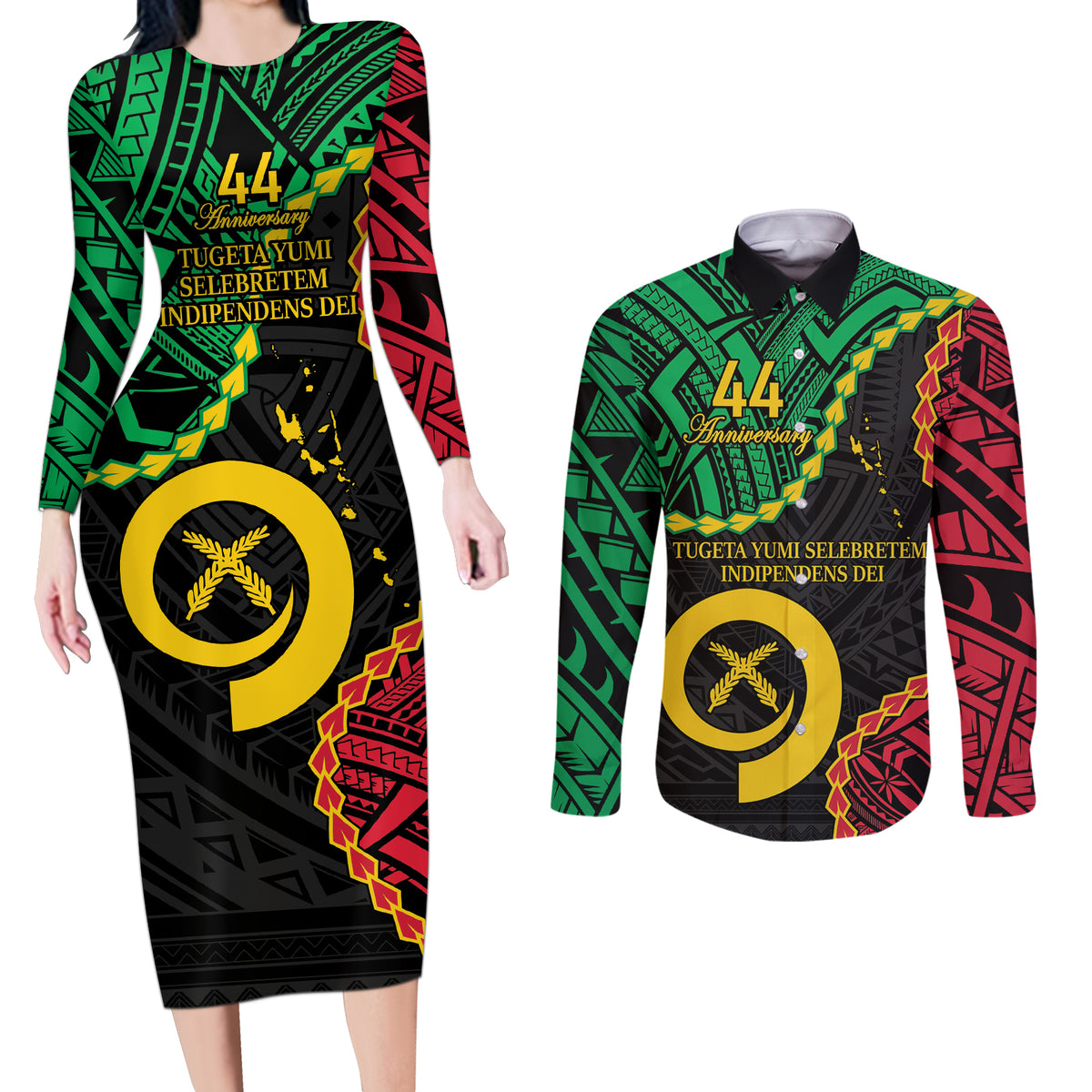 Personalised Vanuatu 44th Anniversary Couples Matching Long Sleeve Bodycon Dress and Long Sleeve Button Shirt Tugeta Yumi Selebretem Indipendens Dei