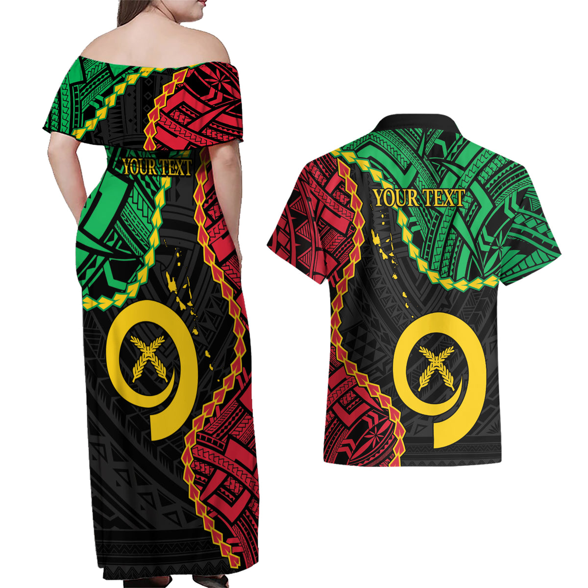 Personalised Vanuatu 44th Anniversary Couples Matching Off Shoulder Maxi Dress and Hawaiian Shirt Tugeta Yumi Selebretem Indipendens Dei