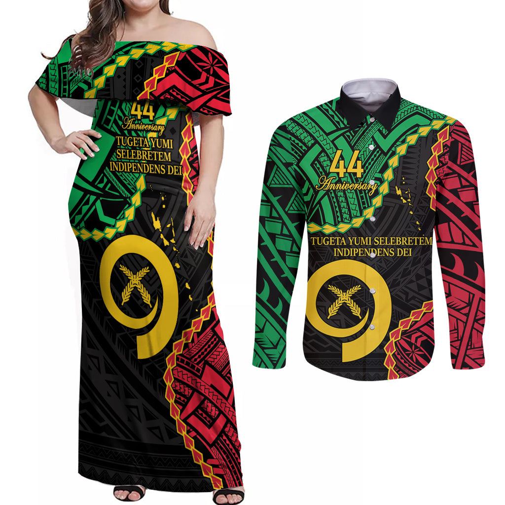 Personalised Vanuatu 44th Anniversary Couples Matching Off Shoulder Maxi Dress and Long Sleeve Button Shirt Tugeta Yumi Selebretem Indipendens Dei