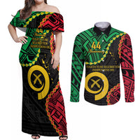 Personalised Vanuatu 44th Anniversary Couples Matching Off Shoulder Maxi Dress and Long Sleeve Button Shirt Tugeta Yumi Selebretem Indipendens Dei