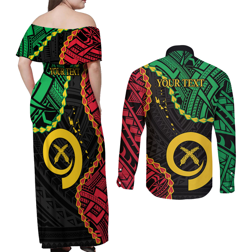 Personalised Vanuatu 44th Anniversary Couples Matching Off Shoulder Maxi Dress and Long Sleeve Button Shirt Tugeta Yumi Selebretem Indipendens Dei