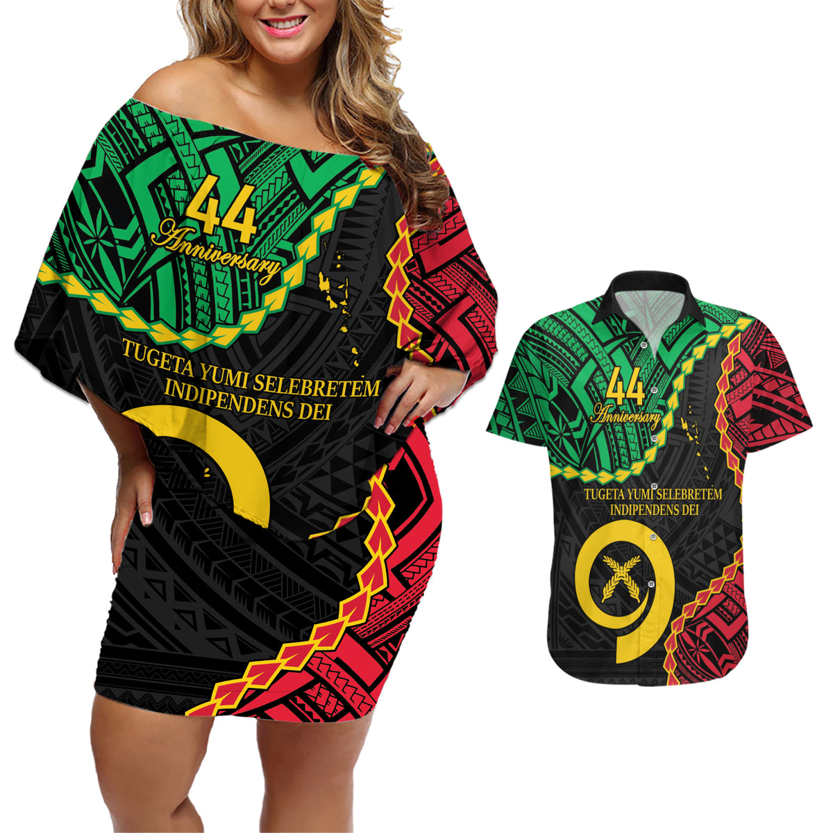 Personalised Vanuatu 44th Anniversary Couples Matching Off Shoulder Short Dress and Hawaiian Shirt Tugeta Yumi Selebretem Indipendens Dei
