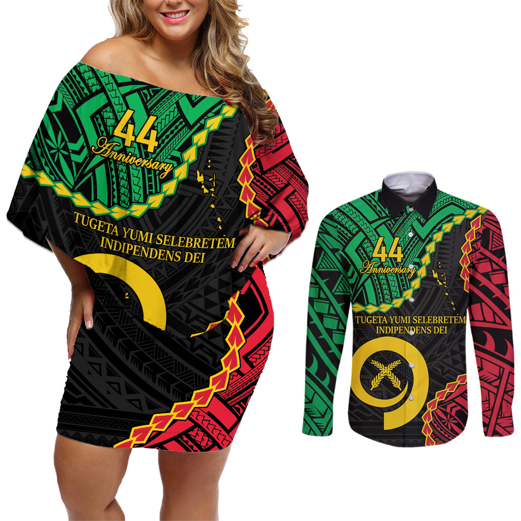 Personalised Vanuatu 44th Anniversary Couples Matching Off Shoulder Short Dress and Long Sleeve Button Shirt Tugeta Yumi Selebretem Indipendens Dei