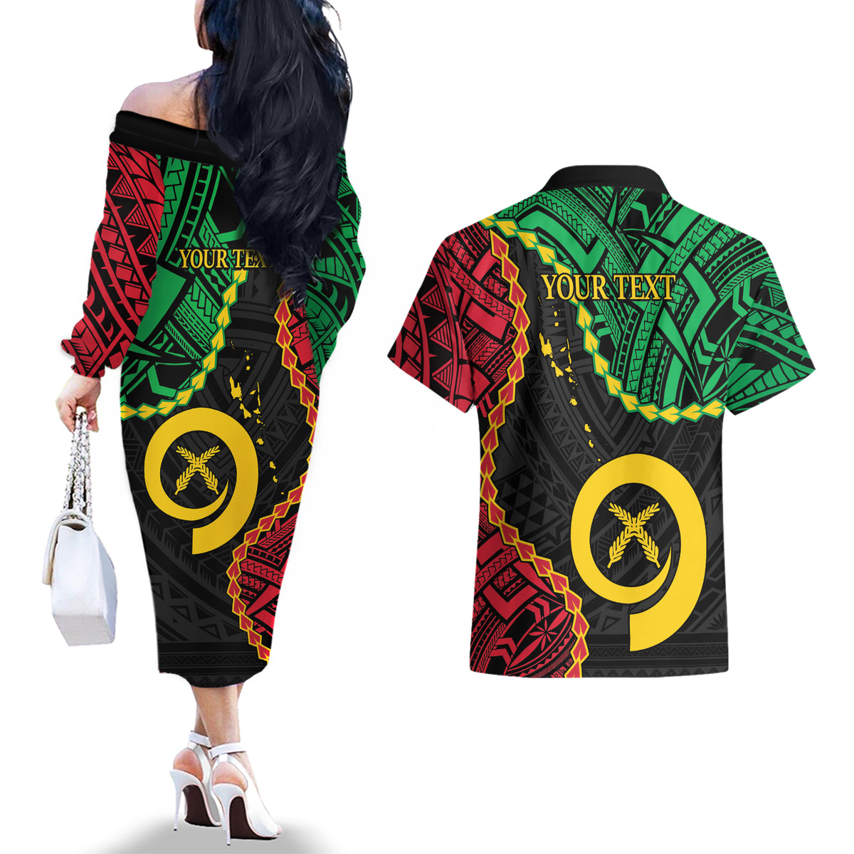 Personalised Vanuatu 44th Anniversary Couples Matching Off The Shoulder Long Sleeve Dress and Hawaiian Shirt Tugeta Yumi Selebretem Indipendens Dei