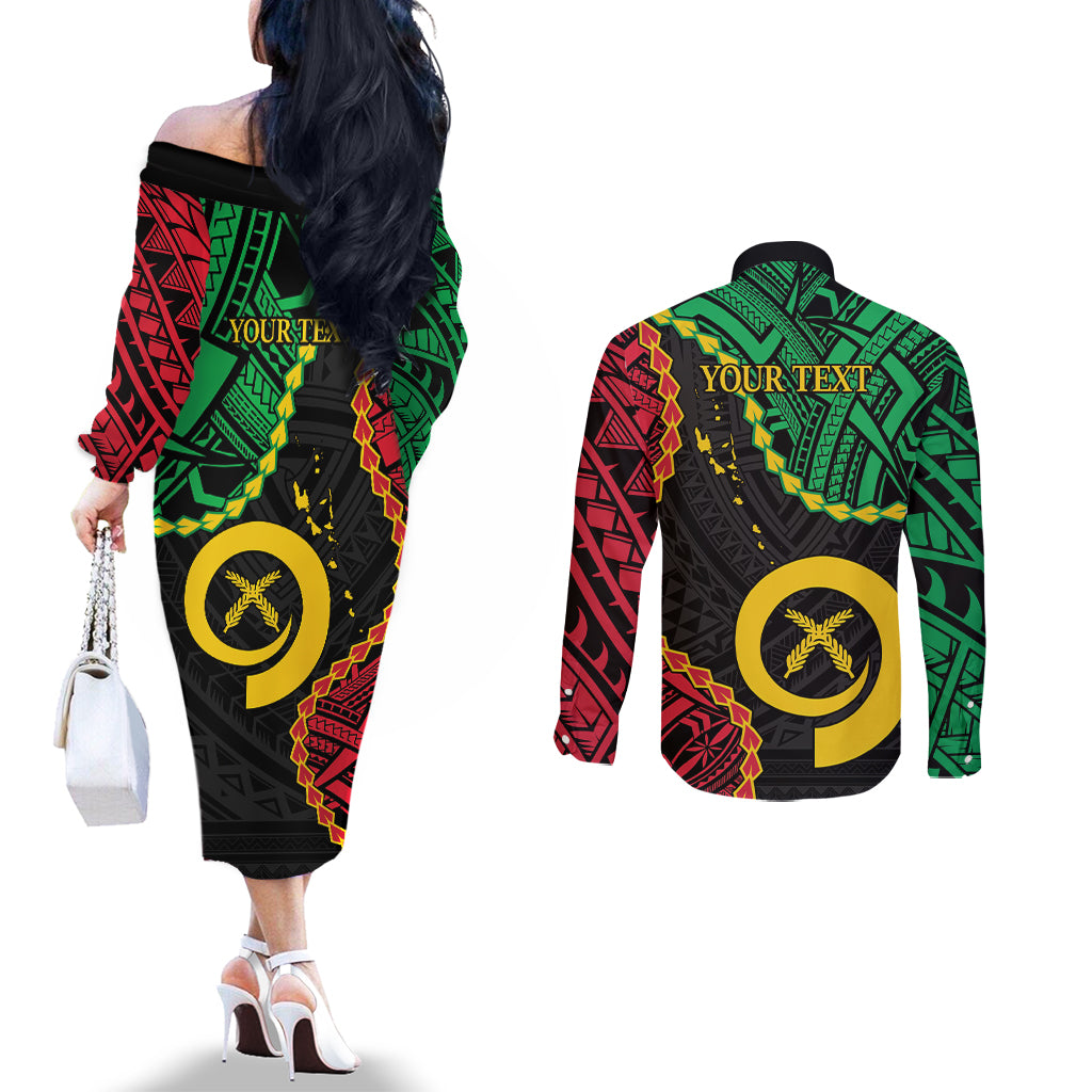 Personalised Vanuatu 44th Anniversary Couples Matching Off The Shoulder Long Sleeve Dress and Long Sleeve Button Shirt Tugeta Yumi Selebretem Indipendens Dei