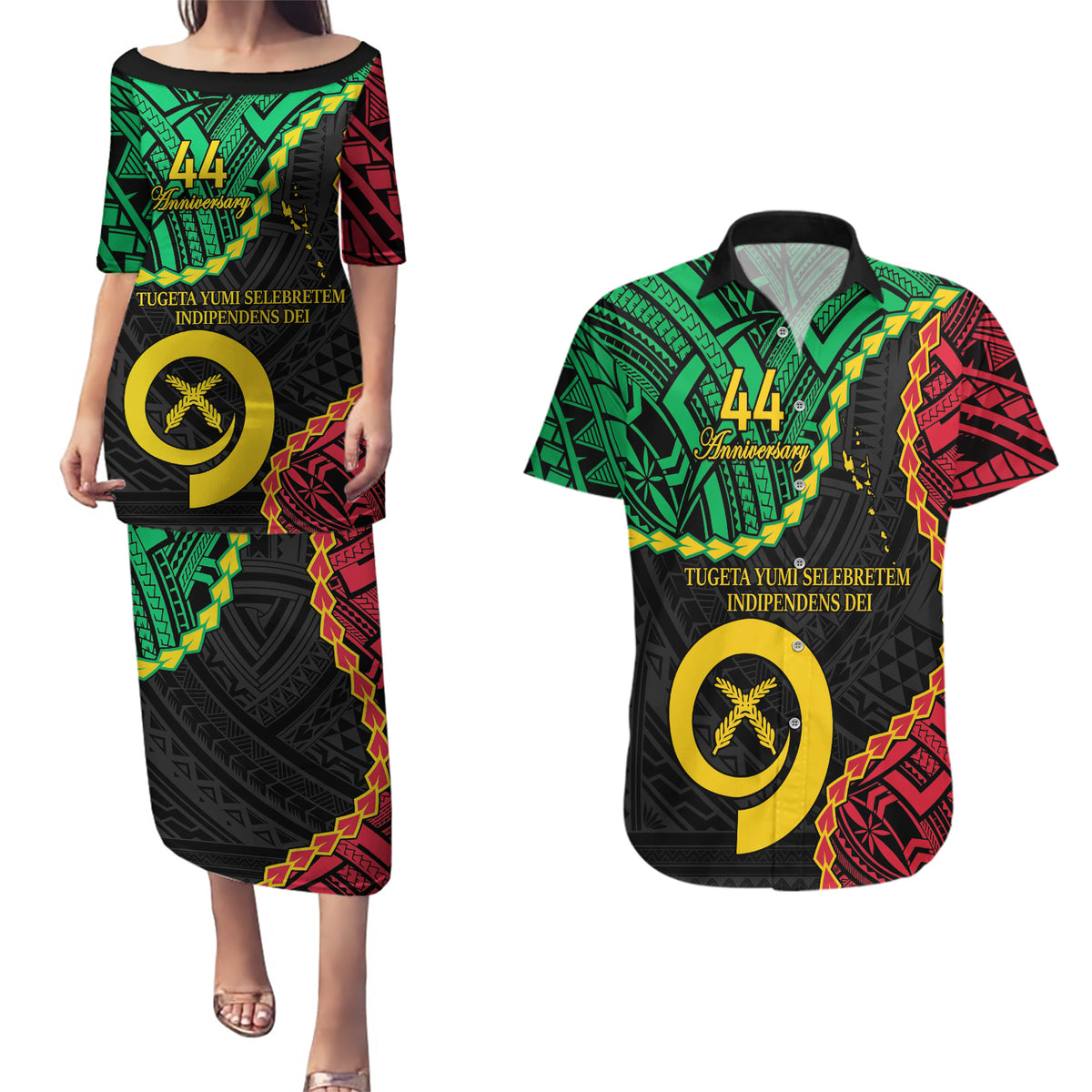 Personalised Vanuatu 44th Anniversary Couples Matching Puletasi and Hawaiian Shirt Tugeta Yumi Selebretem Indipendens Dei