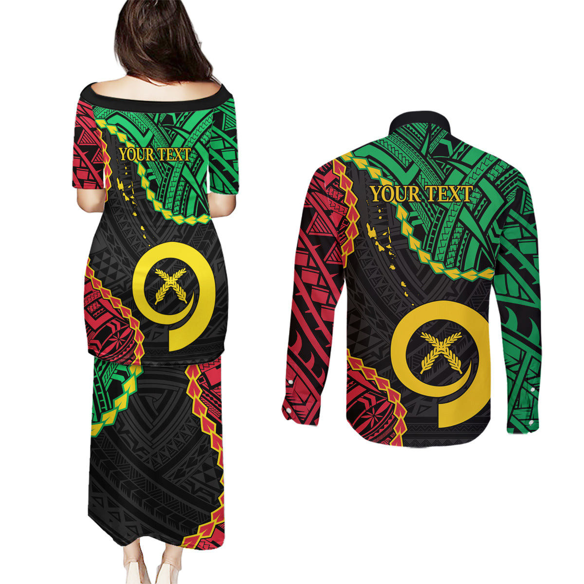 Personalised Vanuatu 44th Anniversary Couples Matching Puletasi and Long Sleeve Button Shirt Tugeta Yumi Selebretem Indipendens Dei