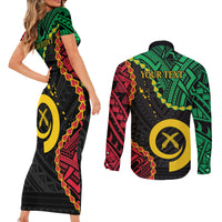 Personalised Vanuatu 44th Anniversary Couples Matching Short Sleeve Bodycon Dress and Long Sleeve Button Shirt Tugeta Yumi Selebretem Indipendens Dei