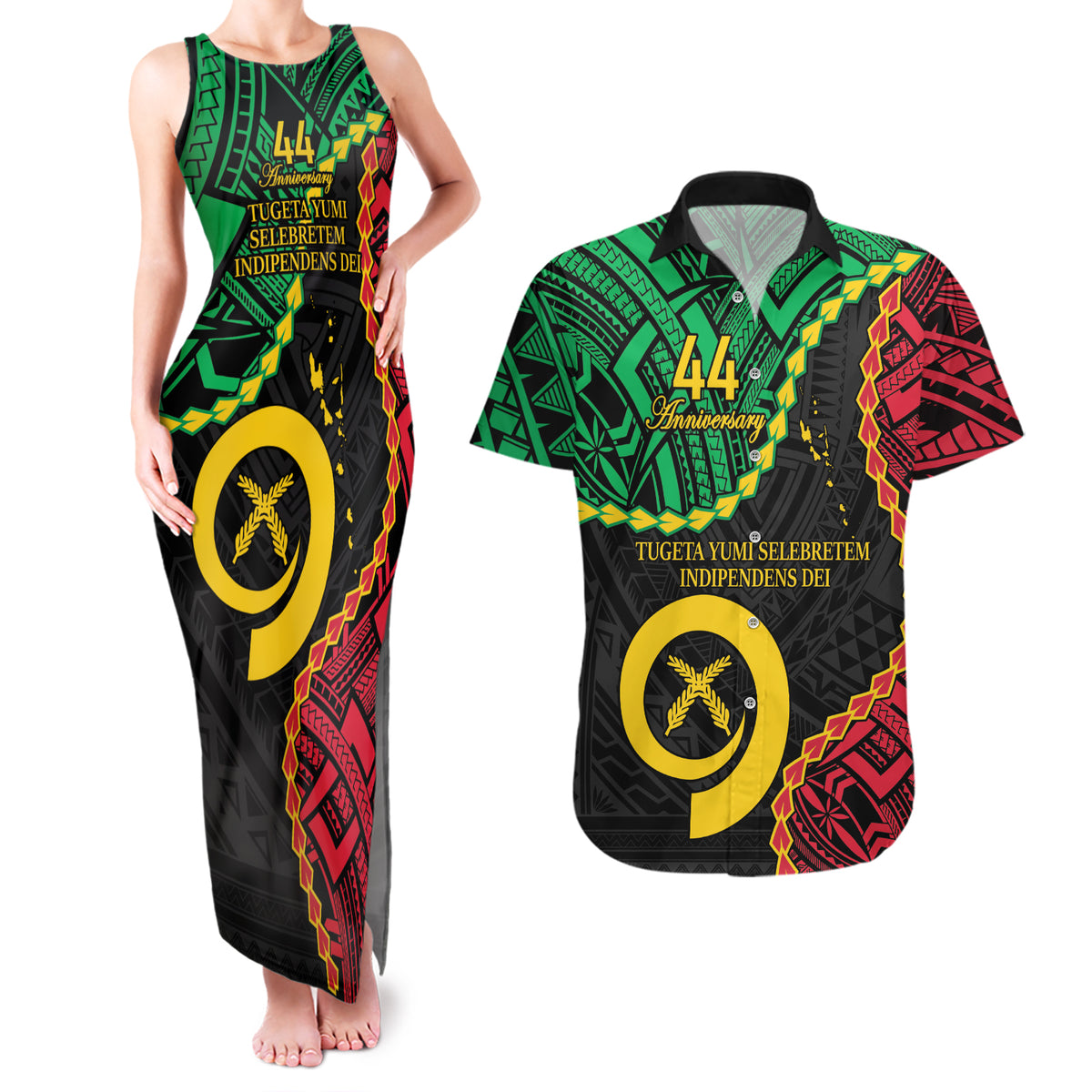 Personalised Vanuatu 44th Anniversary Couples Matching Tank Maxi Dress and Hawaiian Shirt Tugeta Yumi Selebretem Indipendens Dei