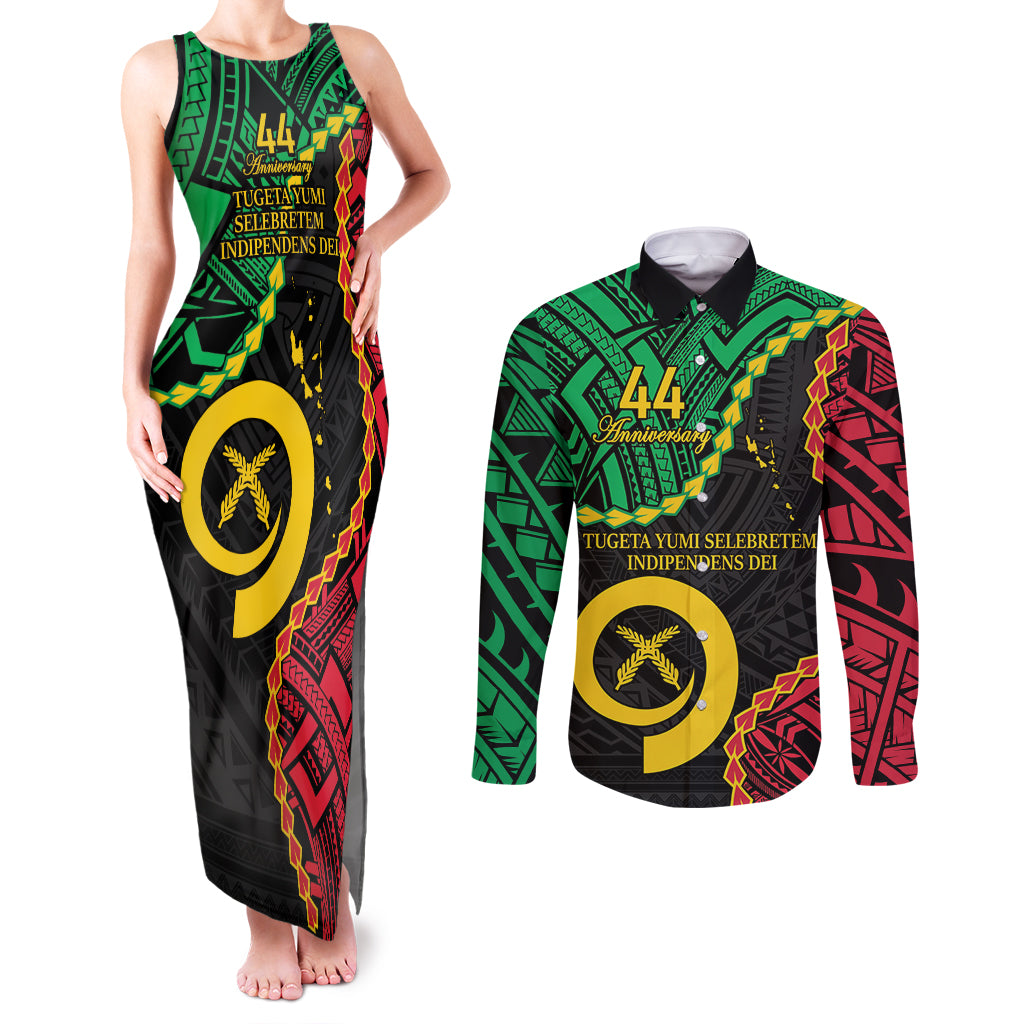 Personalised Vanuatu 44th Anniversary Couples Matching Tank Maxi Dress and Long Sleeve Button Shirt Tugeta Yumi Selebretem Indipendens Dei