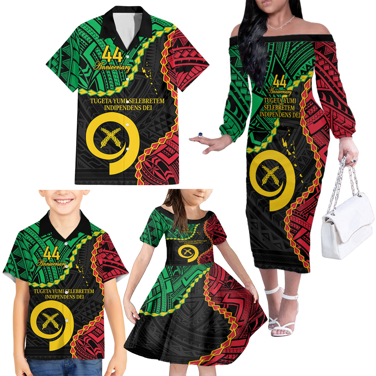 Personalised Vanuatu 44th Anniversary Family Matching Off The Shoulder Long Sleeve Dress and Hawaiian Shirt Tugeta Yumi Selebretem Indipendens Dei LT9 - Polynesian Pride